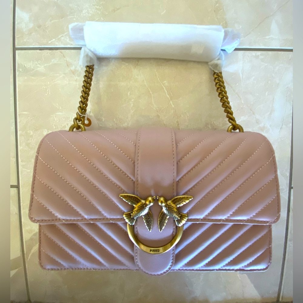 PINKO BLUSH Quilted Shoulder Bag with Gold Bird Hardware